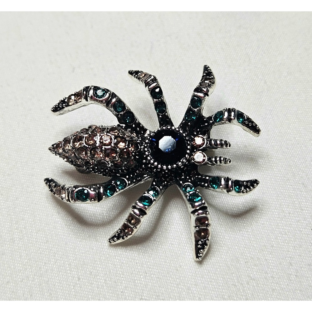 Spider Brooch Womens OS Silver Teal Black Rhinestone Gothic‎ Goth Pin